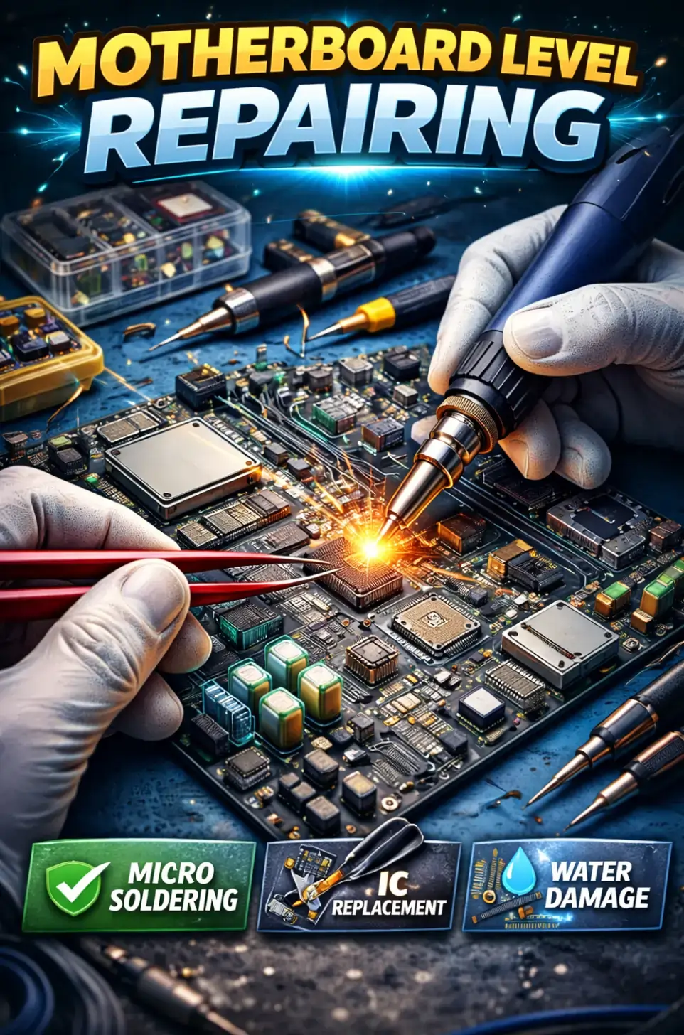 Chip level and motherboard repair training with real fault diagnosis practice