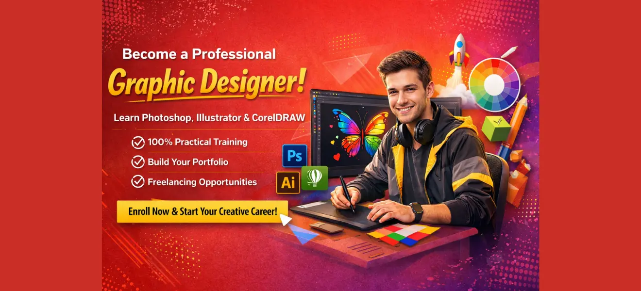 Students learning graphic designing using Photoshop and Illustrator